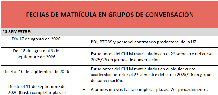fechas matrícula conversación !er semestre 2026-2027